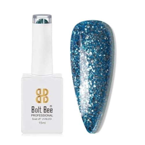 Image of Bolt Bee Blue Glitter Color Gel Nail Polish Soak Off UV Gel DIY at Home Manicure Salon Nail Art (76, 15ml)