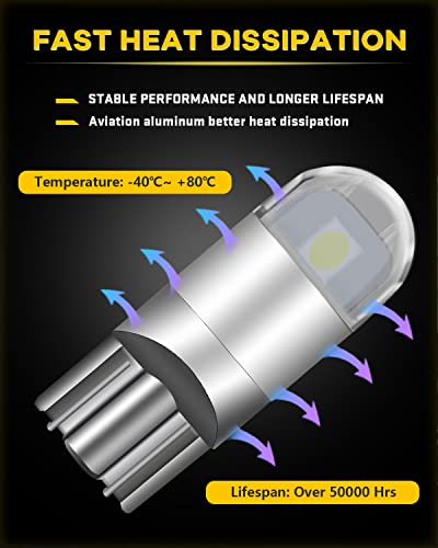 UNXMRFF 194 LED Bulbs White 6000k, T10 W5W 2825 168 LED Bulbs 3030 Chips 194 Bulbs Replacement for Car Dash License Plate Light, Dome Map Light, Side Marker Light, Courtesy Light Bulbs, Pack of 10