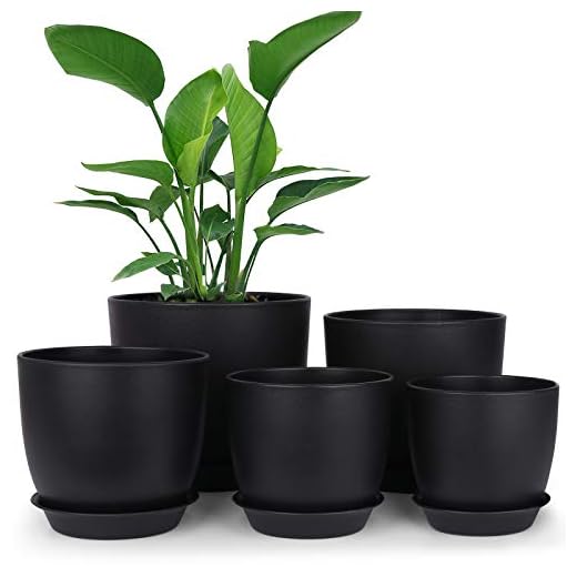 Plastic Planter, HOMENOTE 7/6/5.5/4.8/4.5 Inch Flower Pot Indoor Modern Decorative Plastic Pots for Plants with Drainage Hole and Tray for All House Plants, Succulents, Flowers, and Cactus, Black
