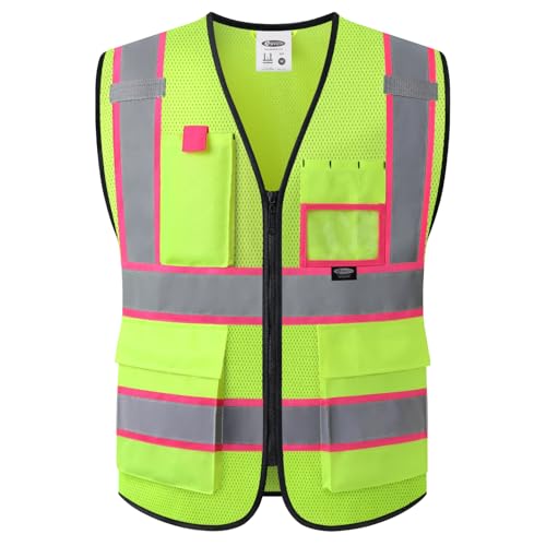 JKSafety Safety Vest for Men Women Hi Vis Vest with Pockets and Zipper High Visibility Reflective Safety Vests Meet ANSI Standard Yellow Color Extended Pink Strips (BX340- Yellow L) 1 Piece