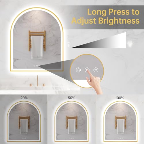 Image of 30 inchx36 inch Arched LED Mirror for Bathroom, Brushed Gold Lighted Bathroom Mirror with Lights, Fogless, Dimmable, Shatterproof, Touch Sensor, 3 Color Changing