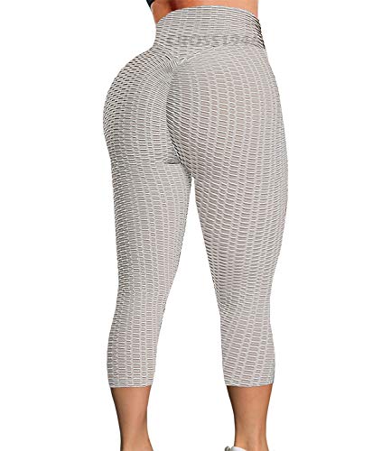 CROSS1946 Sexy Women's Textured Booty Yoga Pants High Waist Ruched Workout Butt Lifting Pants Tummy Control Push Up #2 Capris Texture Grey,M