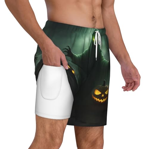 Green Ghost Horror Halloween Pumpkin Men's Soft Double Swim Shorts, Lounge Swiming Shorts Pants Breathable Summer3