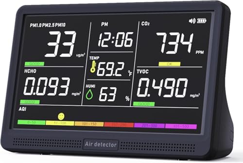 Image of Professional Indoor Air Quality Monitor with 7X AQI Beep Alarms,16 in 1 Portable Real-Time Detector for PM2.5 | PM10 | CO2 | TVOC | HCHO | Temp | Hum for Home Cars Plants Pets (Smoke Black)