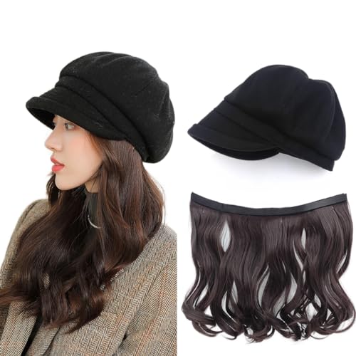 NOOFNO Gorro de otoño/invierno para mujer, boinas cálidas, gorra de periódico con pico, se puede fijar un cabello para formar una peluca de sombrero, Sombrero [negro] + pelo [marrón oscuro], talla