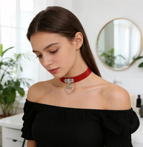 MILAKOO Punk Rock Choker Damen Gothic Lederhalsband mit Anhänger Herz Punk Halsband Frauen rot