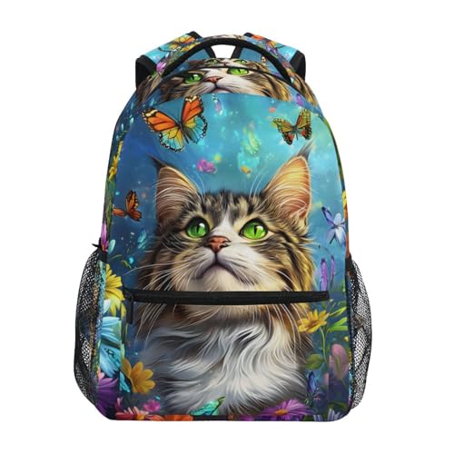 Reiacy Mochila escolar, mochila para laptop de 15.6 pulgadas, mochila escolar para mujeres y niños, diseño de gato romano, flor, mariposa, mochila escolar ligera e informal para niñas y niños, viajes