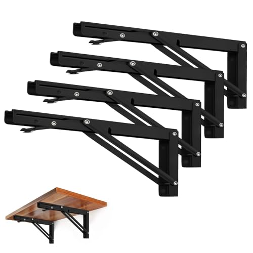 Image of Storystore Folding Shelf Brackets - 18 Inch Heavy Duty Metal Collapsible Shelf Bracket for Bench Table, Shelf Hinge Wall Mounted Space Saving DIY Bracket, Max Load: 150 lb (4 PCS, Black)