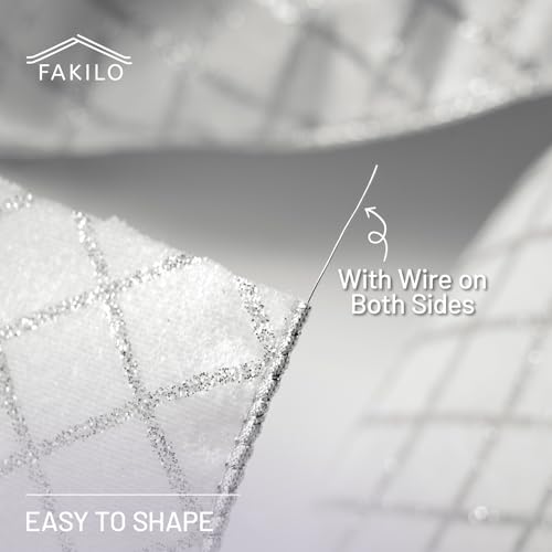 FAKILO Samtband mit Draht, 6,4 cm, silberfarbenes Glitzer-Diamantgitter und metallisches Samtband für Kranz, Weihnachtsbaum, Geschenkverpackung, große Schleifen, Festival-Dekoration – durchgehend 9,1