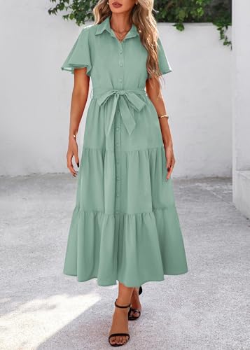 Image of KIRUNDO Summer Button Down Wedding Guest Shirt Dresses for Women Maxi Flutter Short Sleeve Flowy Tiered Beach Sun Dress