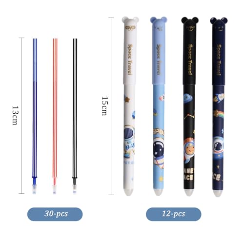 CONNECTION Erasable Pens Set 12 Pcs Astronaut Rub Out Pens 0.5mm Cute Cartoon Gel ink Pens Erasable Ballpoint Pen with 30 Pcs Refills and 2 Pcs Erasers for School,Office Supplies (Multi-color) - Image 2