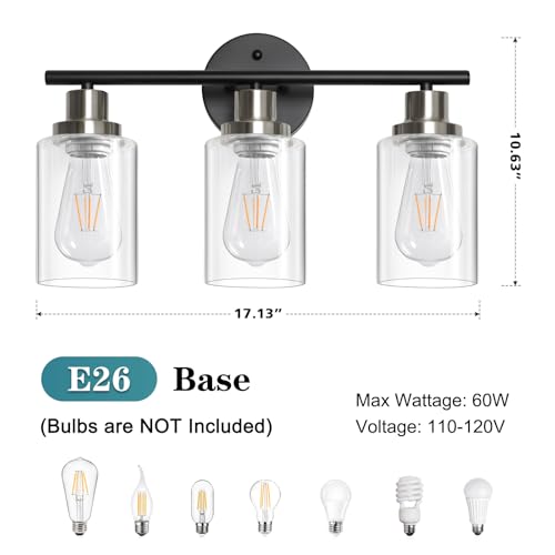 Image of Unicozin Modern Bathroom Light Fixtures, 3 Light Vanity Lights, Black and Brushed Nickel Wall Lamp with Clear Glass for Bathroom, Mirror, Living Room, Bedroom, Hallway, E26 Base