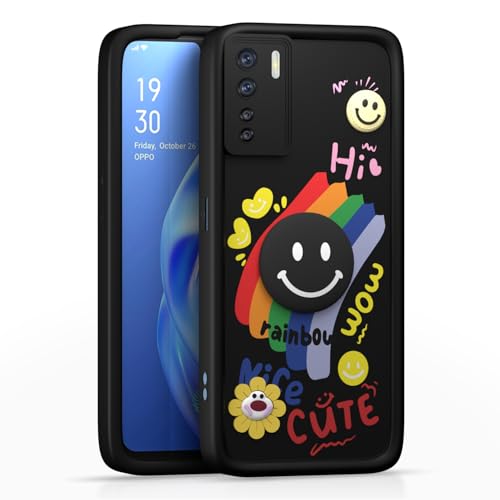 Image of Pikkme Back Cover for Oppo F15 | Soft Silicone| Cute Rainbow Smile & 3D Cartoon Flower Design | Shockproof Raised Camera Protection Bumper Case (Black)