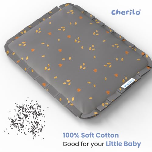 Image of Cherilo Mustard Seed Baby Comfort Cushion | Adjustable Filling | Soft Cotton Cover | 28 x 21.5 x 2 cm - Grey Leaf Pattern