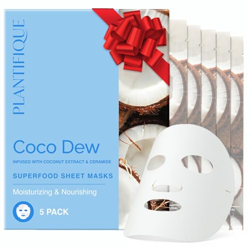 PLANTIFIQUE Facial Sheet Mask Coco Dew 5 Pack – Moisturizing Face Mask with Coconut & Ceramide – Radiant Skin Nourishing Korean Skincare Pack for All Skin Types
