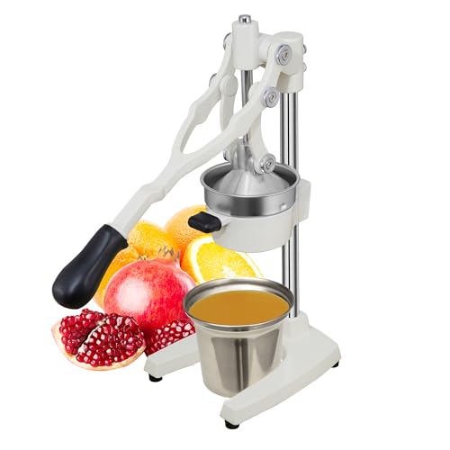 19 Inch Height Extra Tall Commercial Heavy Duty Cast Iron Hand Press Manual Orange Citrus Lemon Lime Grapefruit Pomegranate Fruit Juice Squeezer Machine with Stainless Steel Cup White