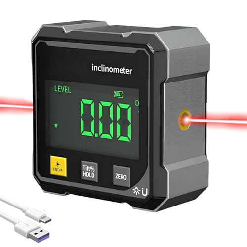4-Seitiger Magnetischer Digitaler Winkelmesser mit Laser, Laser Wasserwaage mit LCD Display, Type-C Schnittstelle IP54 Wasserdicht Digitale Wasserwaage für Arbeiten, BAU und Wasserwaagenboxen (A)
