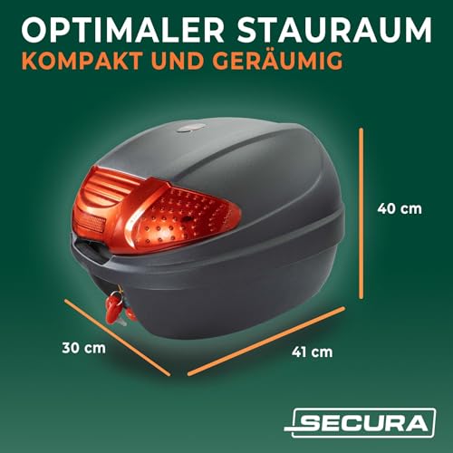 Secura Motorradkoffer Topcase schwarz 32 L abschließbar mit Rücklicht und Halterung | Topcase für Motorrad Quad Zubehör Koffer hinten | Top Case Gepäckträger Koffer Motorrad Box