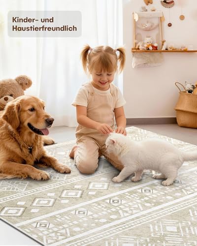 XSIVOD Teppich 160x220 cm Kurzflor - Waschbarer Rutschfester Wohnzimmerteppich, Boho Vintage Design, Großer Carpet rutschfest Waschbar, Teppiche für Schlafzimmer, Küche, Esszimmer, Büro, Beige