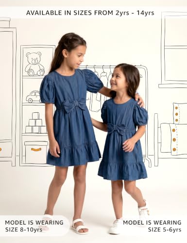 Image of Amazon Brand - Symbol Girls Bow Detail Pure Cotton Knee Length Casual Dress