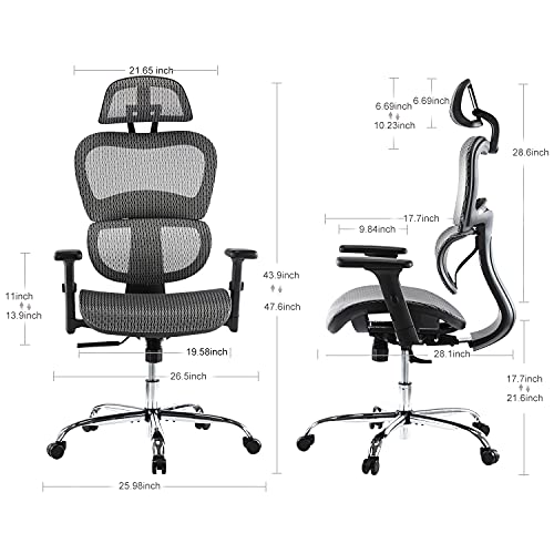 Image of Ergonomic Chair, High Back Executive Style, Modern Office Chair with Lumbar Support, Breathable Mesh Covering, Fully Adjustable Armrests, Height and Headrest, Grey
