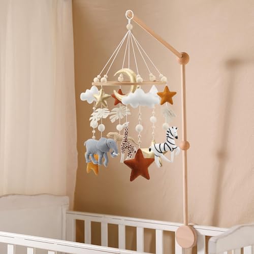 Safari Mobile for Crib - A Handmade Gender Neutral Safari Crib Mobile with Gold Stars and Clouds for a Jungle Theme Nursery