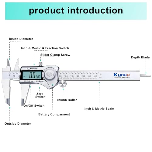 kynup digital caliper caliper measuring tool outside micrometer vernier dial caliper stainless steel ip54 splash proof protection inch metric fraction conversion large lcd screen 6inch150mm