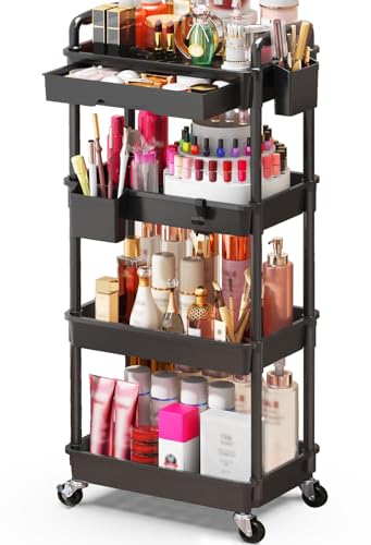 Image of SUNALLY Makeup Cart Organizer with Drawer,4 Tier Rolling Makeup Cart, Black