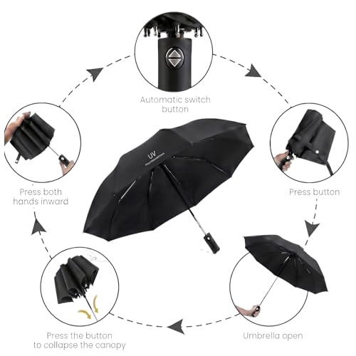 Image of Portable Auto Travel Umbrella - Windproof for Rain, Strong for Wind, Auto Open /Close Button, Perfect UV Protection Compact Folding Car Umbrella (Chhata) for Men & Women