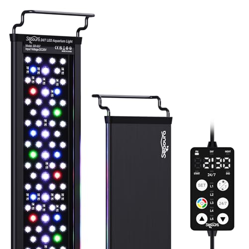 LED Aquarium Plant Light, 24/7 Custom Timer, Power-Off Memory,7-Row LEDs 30-36in SEAOURA Full Spectrum Fish Tank Light, 8 Colors, 20 Brightness, Day & Night Cycle, Adjustable Mount for Freshwater