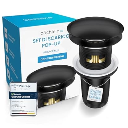 Foto di Bächlein Kit di piletta Universale con troppopieno per lavabi e lavandini - valvola a Soffietto Nero Opaco - incl.3 guarnizioni per Tutti i Tipi di lavabi, Tappo a Scatto - Scarico