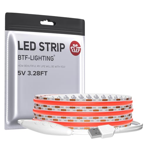 Image of BTF-LIGHTING 5V USB Red Color COB LED Strip Lights Super Bright Dimmable LED Tape Light,3.28FT 320LEDs Flexible Light Strip with Strong 3M Tape for 3D Printer,TV Backlight,Cabinet,Home Lighting