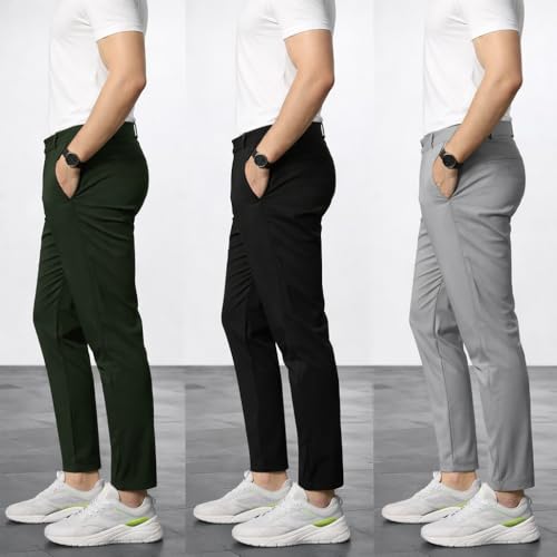 Image of Pack of 3 Trendy Formal Trouser Like Track Pant Black Light Grey and Olive Green Color Combo