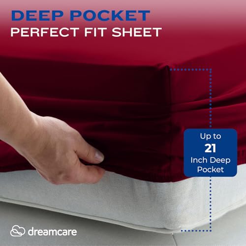 Image of DREAMCARE King Size Sheets Set - 4 pcs Breathable Cooling Sheets - up to 21 inch Extra Deep Pocket King Sheet Set with Side Pockets - Extra Soft 100% Brushed Hypoallergenic Hotel Luxury Bedding Burgundy