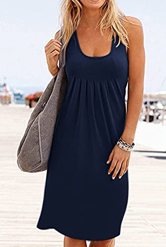 Image of Camisunny Women Casual Loose Tank Dresses Sleeveless Beach Vacation Dress Swing Pleated U Neck Fashion Soft