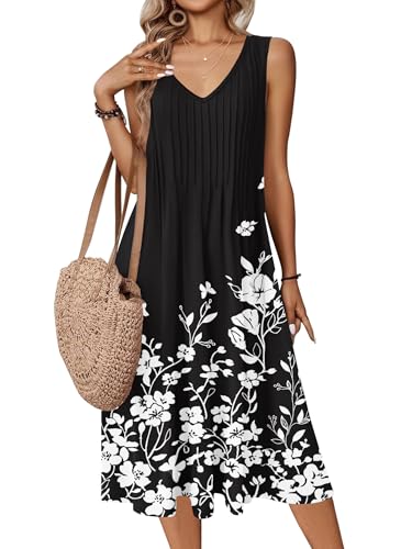 Image of Zeagoo Women Summer Casual Dresses 2026 Sleeveless Midi Pleated Tank Sundress with Pockets V Neck A Line Swing Tshirt Dress