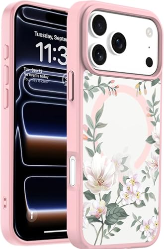 Image of VONZEE Back Cover Case Compatible with iPhone 17 Pro Case Luxury Retro Flowers Floral Clear for Magnetic Wireless Charging Case Shockproof PC+TPU Cute Glossy Shiny Cover for Girls Women, 6.3'' Pink