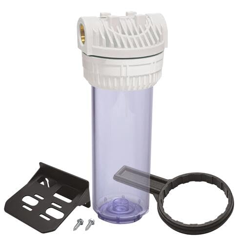 AQUAWATER - Filtro Simple Vacío 107221 - Dimensión Estándar 9''3/4 - Para Tratamiento de Agua - Incluye Soporte y Llave de Afloje - Blanco - Ø9.75 x 25 cm - Caudal Máx 1.5 m3/h