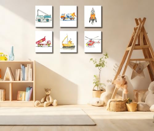 Image of Frimeeme Framed Car Canvas Wall Art for Kids, 8x10 Inches, Set of 6 | Watercolor Vehicles Theme with Fire Truck, Helicopter, Rocket, Cement Mixer, Boat, Dump Truck,Ready to Hang