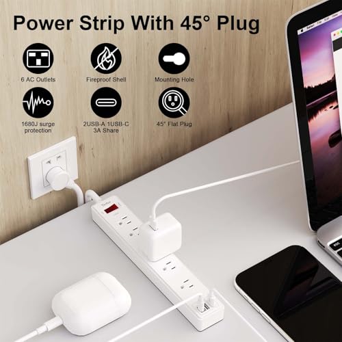 6 Ft Power Strip Surge Protector - Yintar Extension Cord with 6 AC Outlets and 3 USB Ports for Home, Office, Dorm Essentials, 1680 Joules, ETL Listed, White - 3