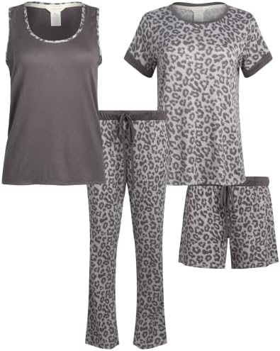 Lucky Brand Women's Pajama Set - 4 Piece Sleep Shirt, Tank Top, Pajama Pants, Lounge Shorts (S-XL), Size Large, Grey