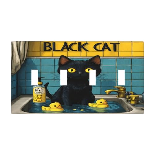 Decorative Light Switch Cover Plate Novelty Black Cat Funny Duck Bath 4 Gang Wall Plate Oversized Quad Toggle Switch Cover Plate Jumbo Faceplate for Bedroom Decor
