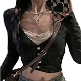  Yassiglia Y2K Lace Crop Top Patchwork Langarmshirt Elegant Ästhetisch Pullover Vintage Tops Square Ausschnitt Sweet Harajuku Slim Fit Aesthetic Streetwear für Damen (Schwarz Spitze A, Small)
