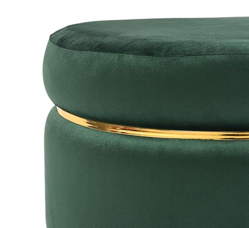 Image of Living Room Round Wooden Velvet Ottoman with Footrest and Linen Fabric Padded Seat Pouffe Ottoman with Round Shape and Office Stool-Green