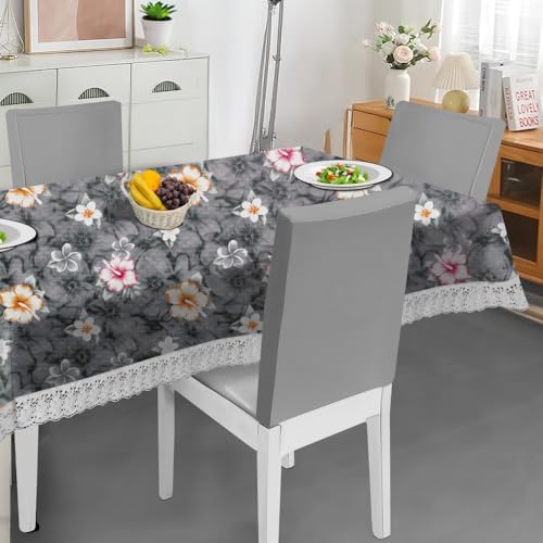 Image of The Furnishing Tree Waterproof PVC Rectangle Shaped 8 Seater Table Cover WxL 60x108 inches Floral Pattern Multi Grey with White Border lace