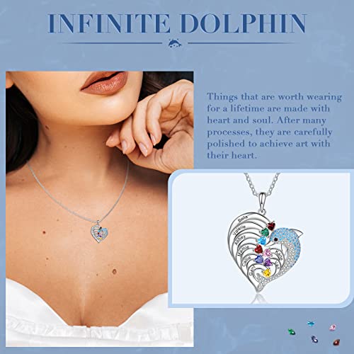 Nobelook Personalized Love Heart Dolphin Pendant Necklace Engraved 1-4 Name with Simulated Birthstones Jewelry Gifts for Mothers Wife Girlfriend BFF Valentine's Day (8 birthstones+8 Names)4