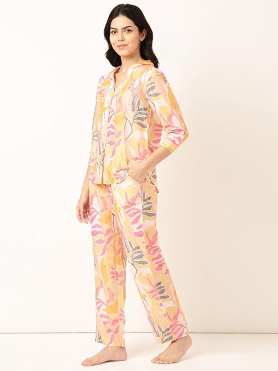 Image of STORIES OF BANNO'S SWAGGER Premium Poly Muslin Floral Co-Ord Set for Women | Soft Pajama Set | Elegant Printed Nightwear Lounge Outfit | Trendy Casual Wear Co-Ord Set