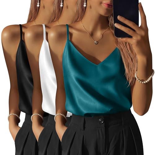 Image of 3 Pack Women's Silk Satin Camisoles V Neck Tank Tops | 95% Polyester, 5% Spandex, Adjustable Spaghetti Strap, Loose Blouse, Daily Wear, Sleeveless, Classic V Neck