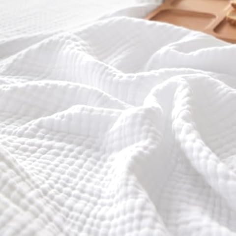 PHF 100% Cotton Muslin Blanket King Size 108" x 90", 4-Layer Lightweight and Breathable Blanket, Luxuriously Soft Gauze Blanket for Couch Bed, White Cover