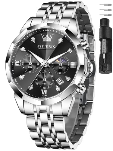 Image of OLEVS Watches for Men Stainless Steel Dress Men Watch with Date Big Face Chronograph Waterproof Luxury Fashion Watch Blue /Black /Gold /Green /Silver Face Relojes para Hombres